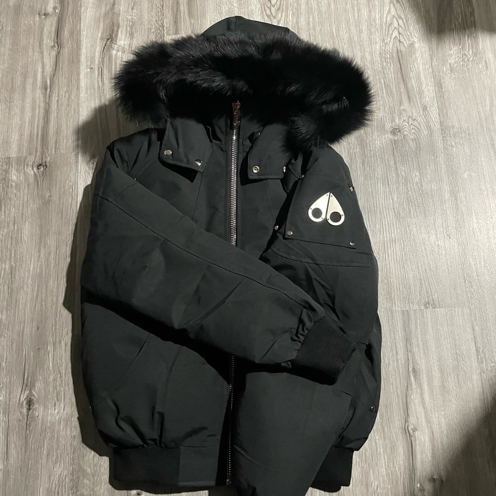 Moose Knuckles Black Bomber Jacket with Fur Hood